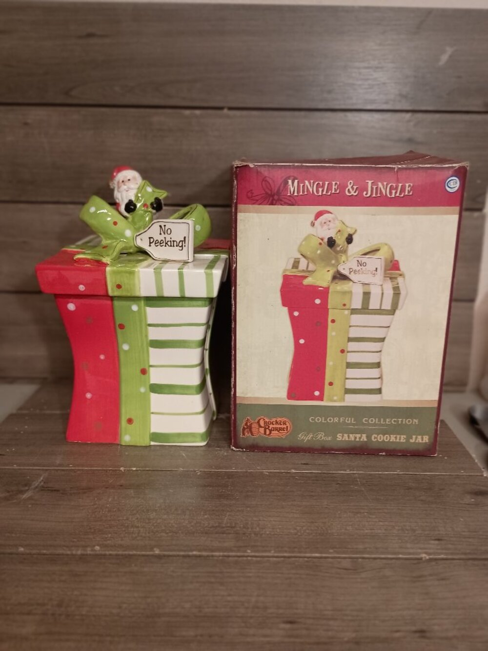 Cracker Barrel Mingle & Jingle No Peeking Santa Cookie Jar with Box